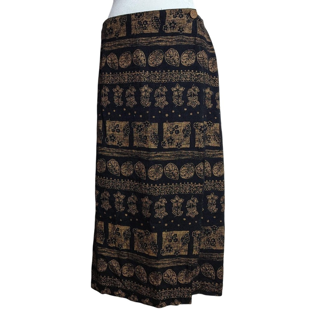 Ilyza New York Wrap Midi Skirt Womens XL Black Gold Botanical Floral Batik Style